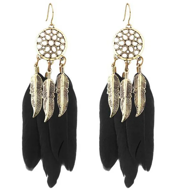 Women Dream Catcher Long Feather Drop Earrings Tibetan Gold Color Women Dream Catcher Long Feather Drop Earrings Tibetan Gold Color Statement Earring Dangle Leaf Tel Bohemian
