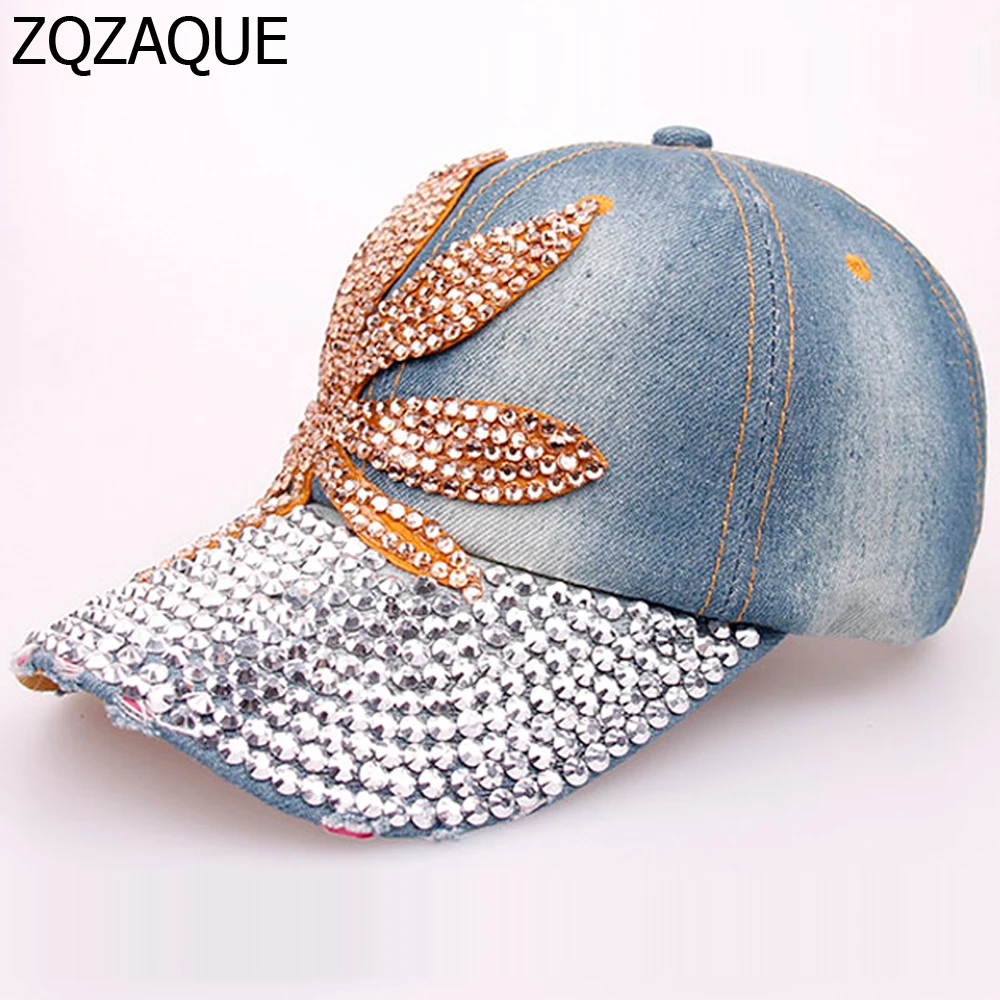 Very Nice Maple Leaf Rhinestone Denim Baseball Caps Retail and Wholesale High Quality Ladies