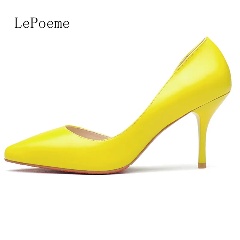 

Red Bottoms Full Grain Leather Thin Heels Pumps Black Whits Pink Yellow 2016 Latest Two-Piece Pointed Toe Shallow Mouth Sexy