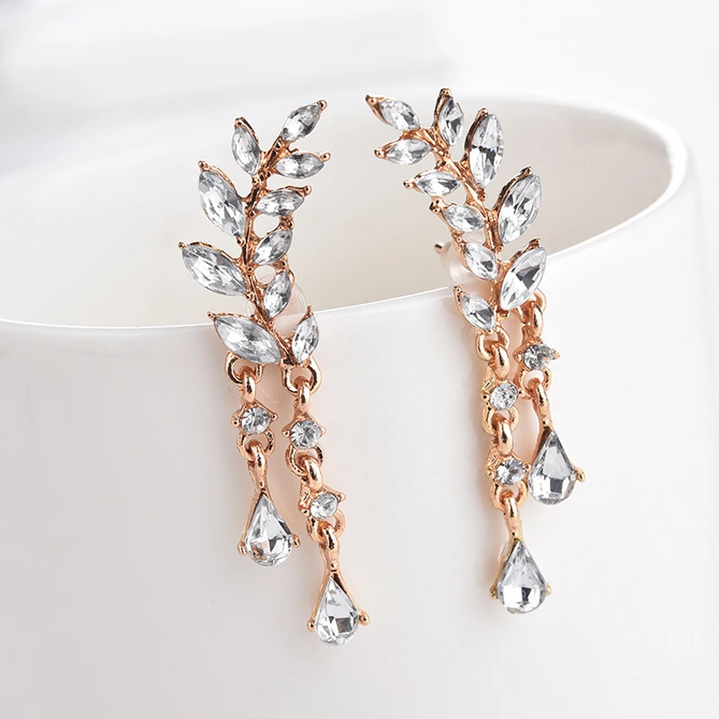 

Elegant Leaf Tassel Hanging Crystal Drop Earings for Women Fashion Gold Color Heart Drop Pendant Earrings Ear Charm jewelry