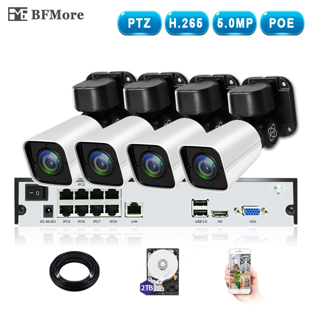 BFMore 4CH H.265 PTZ 5.0MP POE 4X Zoom NVR Kit CCTV система IP камера для наружного видеонаблюдения