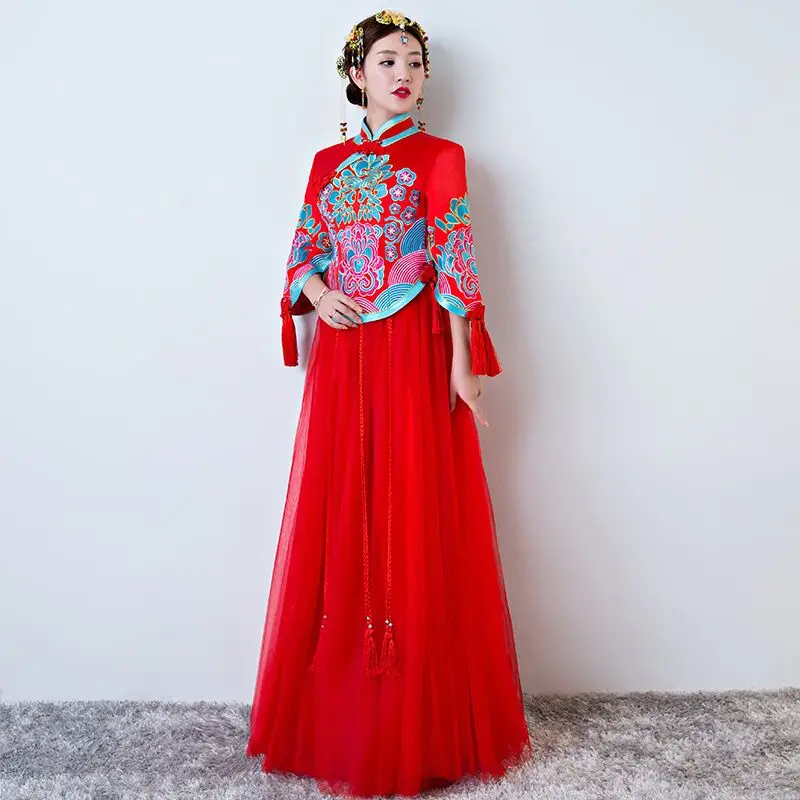 Винтаж Красный вышивки Cheongsam современный Традиционный китайский стиль свадебное платье Oriental Для женщин длинные Qipao Vestidos Размеры S-XXL