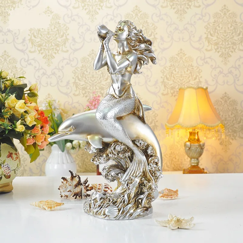 ESTATUILLA Vintage de sirena y Delfín, resina decorativa, música, Seamaid estatuilla, ornamento marino novedoso, regalo y accesorios para manualidades
