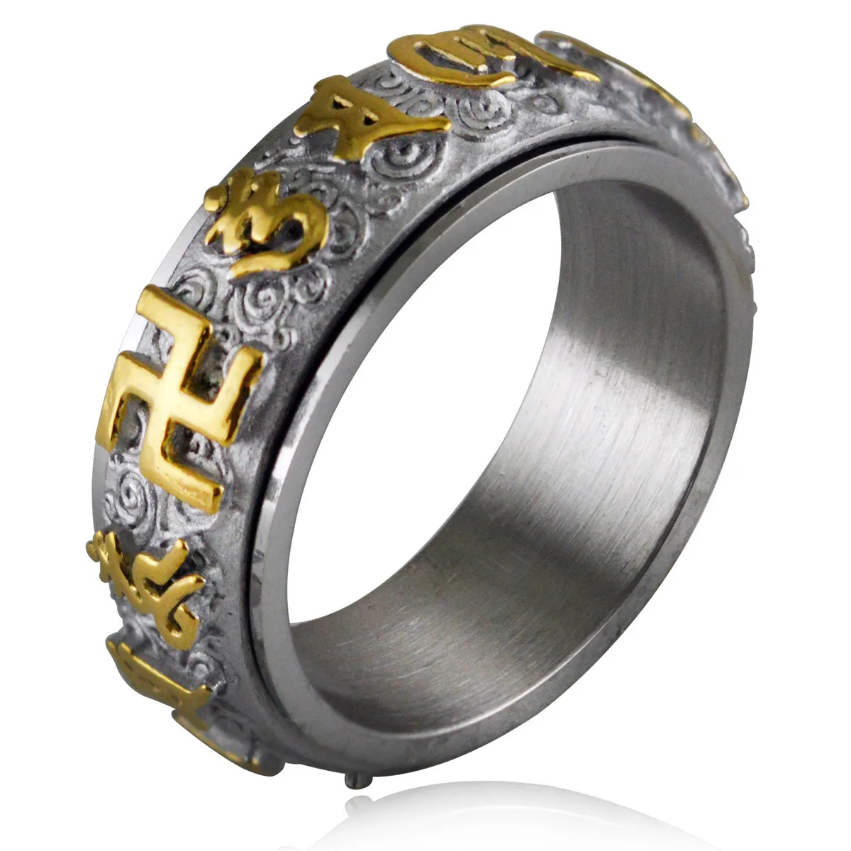 

3 color 316L Stainless Steel gold silver Mantra Amulet Spinner Rings for Men Tibetan Buddhism Swastika Om Mani Padme Hum