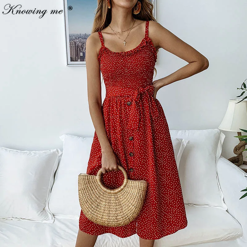 

Knowing me 2019 New women Sexy spaghetti strap dot print dress Elegant Elastic knee-length ruffle dress sashes beach dresses