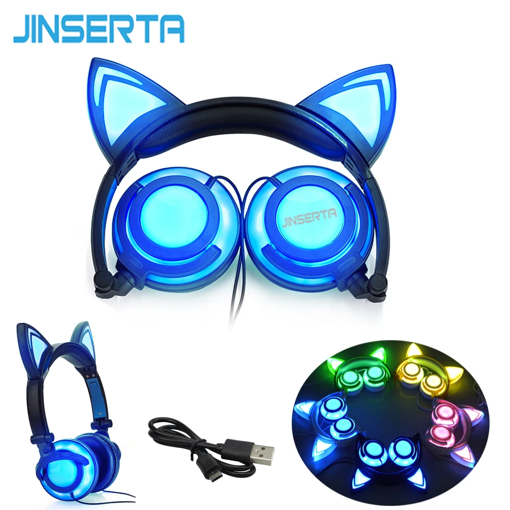JINSERTA 2018 Foldable Flashing Glowing cat ear headphone Gaming Headset Earphone with LED light