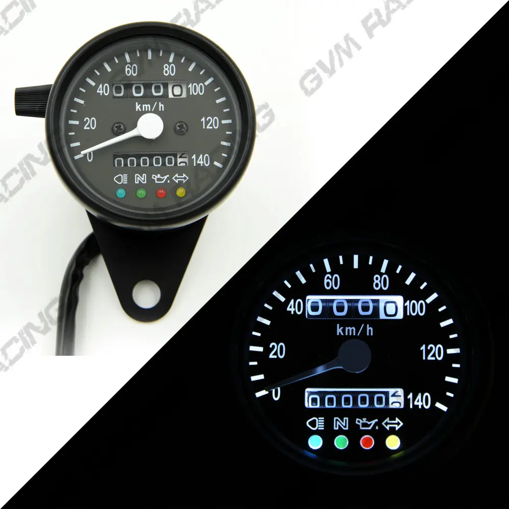 

Vintage Black Housing Black Face Mechanical 0-140KMH Stainless odometer speedometer +4 ADDITIONAL FEATURES LED Indicator Lights