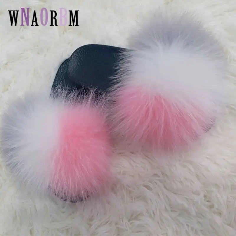 

Real Fox Slippers Children Summer Fur Children's Home Slides Girls Slippers Raccoon Fluffy Cute Flats Beach Summer Children's