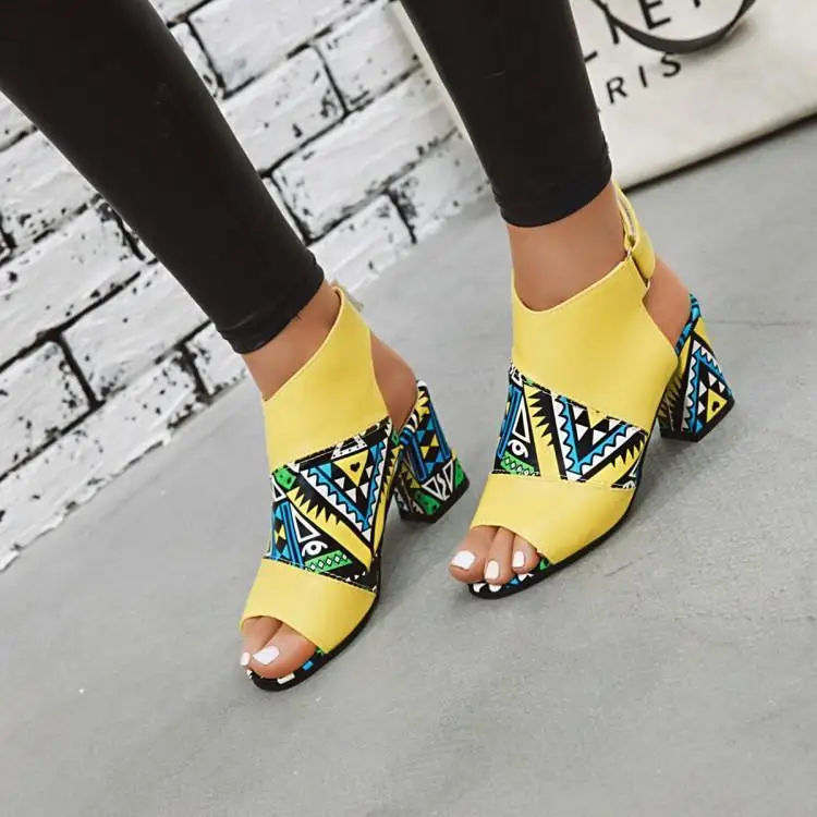 

US4-11 Fashion Womens Multi Colors Peep Toe Chunky Floral Casual Summer Sandals Slingback Block Heel Roman Shoes Plus Size A484