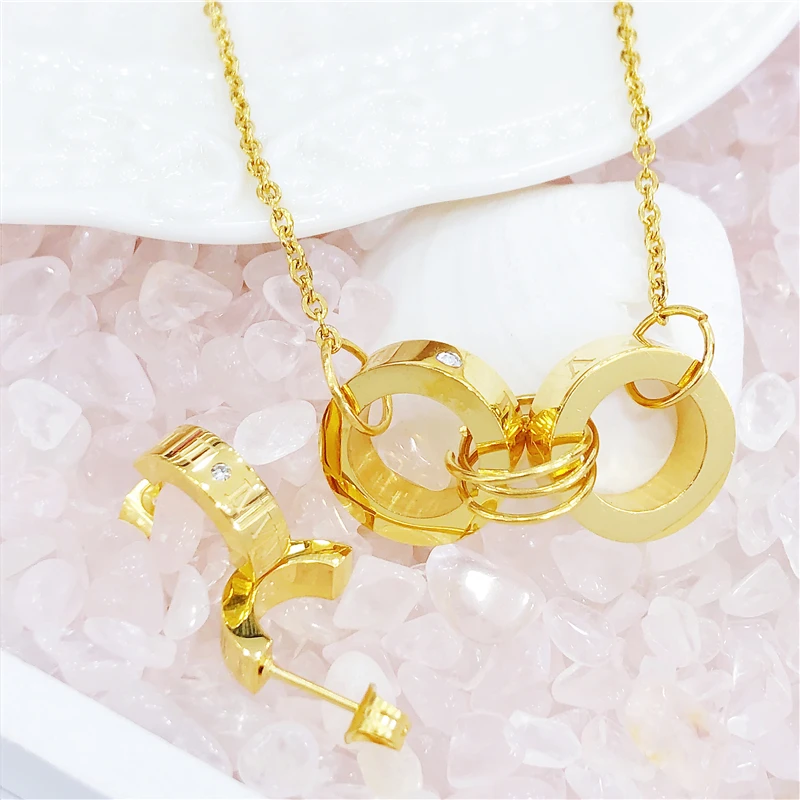 

Circle Roman Numerals Double Buckle Woman Necklace Pendants Earrings Female Titanium Steel Gold Clavicle Necklace Jewelry