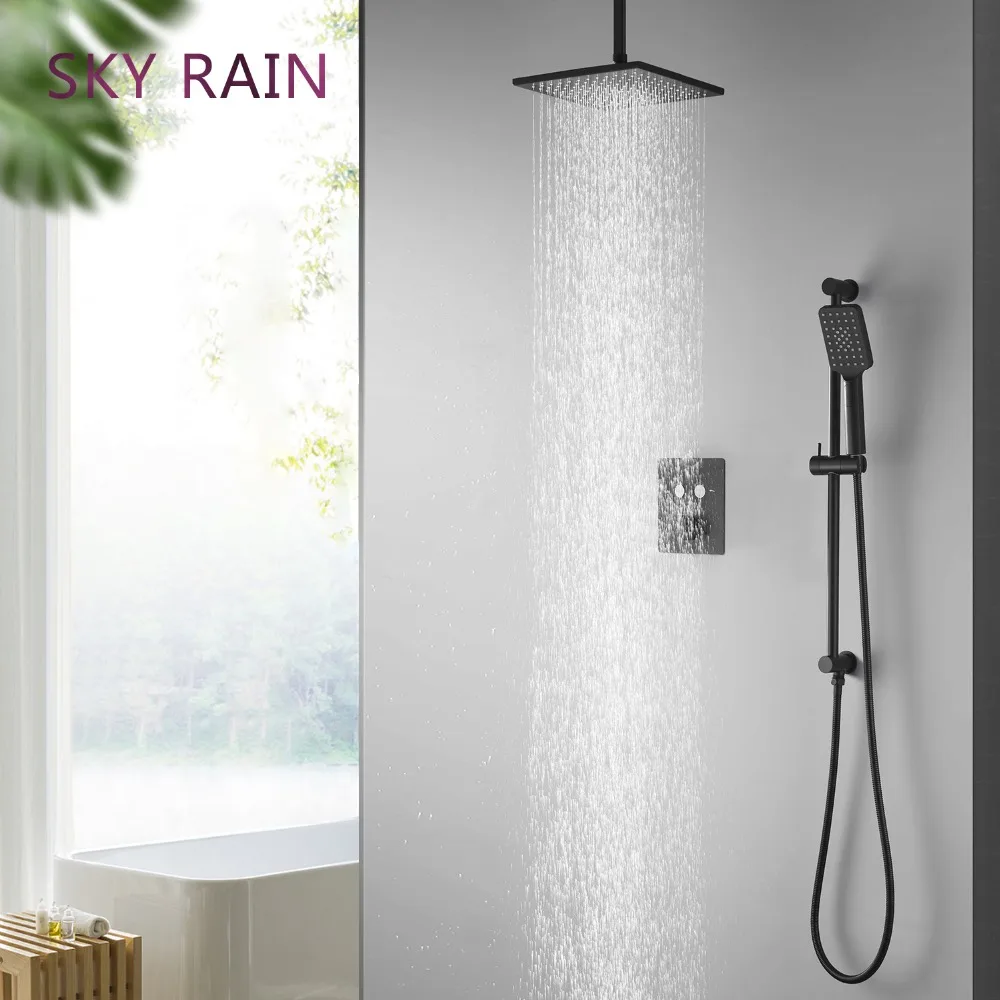 

SKY RAIN Matte Black Thermostatic Button Switch Mixer 10 Inch Shower Head Set With Hand Shower