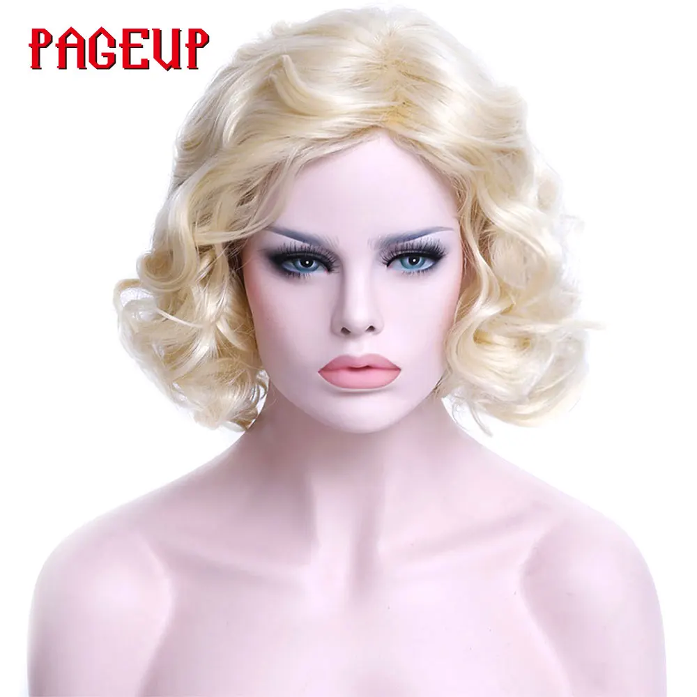 Peluca rubia platino Pelo Rizado sintético Pageup Cosplay pelucas de mujer resistentes al calor Afro peluca corta con flequillo para mujeres negras