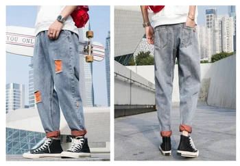 

Men’s Jeans Ripped Denim Shredded Holes Pencil Pants Retro Trousers Casual Fashion Hip Hop Pants for Adolescents Young Boy