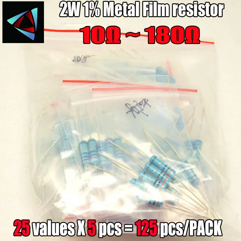 10R-1M Ом 2 Вт 1% DIP металлический пленочный резистор, 25valuesX5pcs = 125 шт., Ассорти Комплект