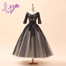2014 New Hot Sales Scoop Neckline Beaded A-Line 3/4 Sleeve Lace Vintage Short Black Wedding Dresses Bridal Gowns Custom Made W92