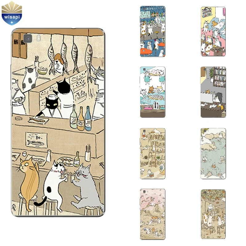 Untuk Huawei P8/P8 P9 Lite Plus G9 Shell Kehormatan 5C 7 7I Kembali Cover Mate 7 8 Ponsel Kucing Lucu Minum Desain