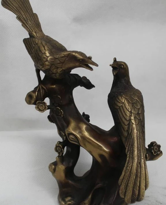 

9" Chinese Fengshui Copper Two Bird Play plum blossom Xi Shan Mei Shao Statue