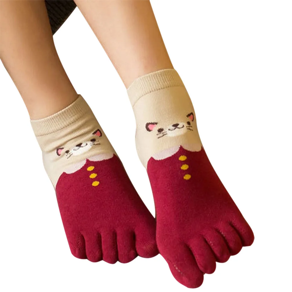 1 Pair Women Girls Soft Cartoon Cat Socks Five Finger Toes Cotton ...