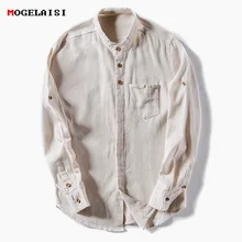 Модные осенние мужские рубашки из льна, хлопок, однотонная льняная рубашка с воротником, Мужская одежда, тонкая мужская рубашка, льняная культура, большие размеры, M-4XL
