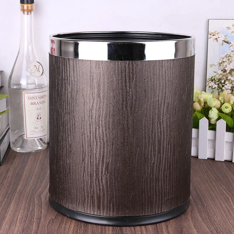Luxuriou Wood Grain Rubbish Bins Kitchen Waste Basket Pu Leather