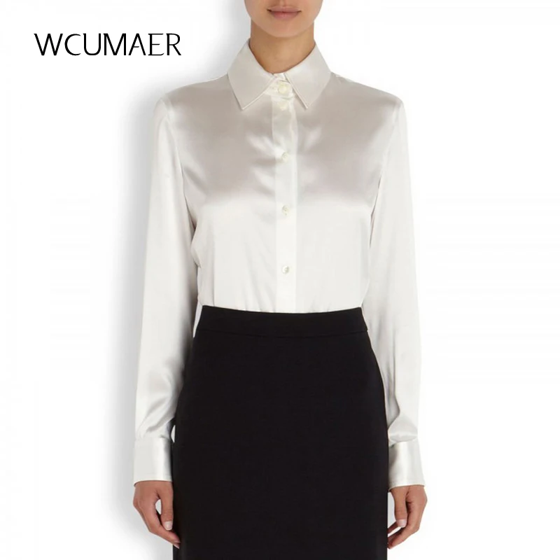 

S-XXXL women Fashion silk satin blouse button ladies silk blouse shirt casual office White Yellow Blue long sleeve satin 8040