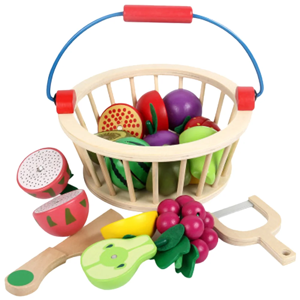 

Kitchen Toys Magnetic Wooden Fruit and Vegetable Combination Cutting Toy Set Children Play Simulation Round Basket Fruit Kits