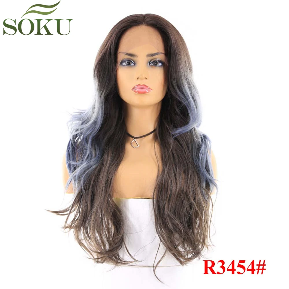SOKU синтетические парики на кружеве длинные волнистые Омбре фиолетовый серый свободная часть парик высокотемпературное волокно 150% плотность парик для черных женщин - Цвет: R3454