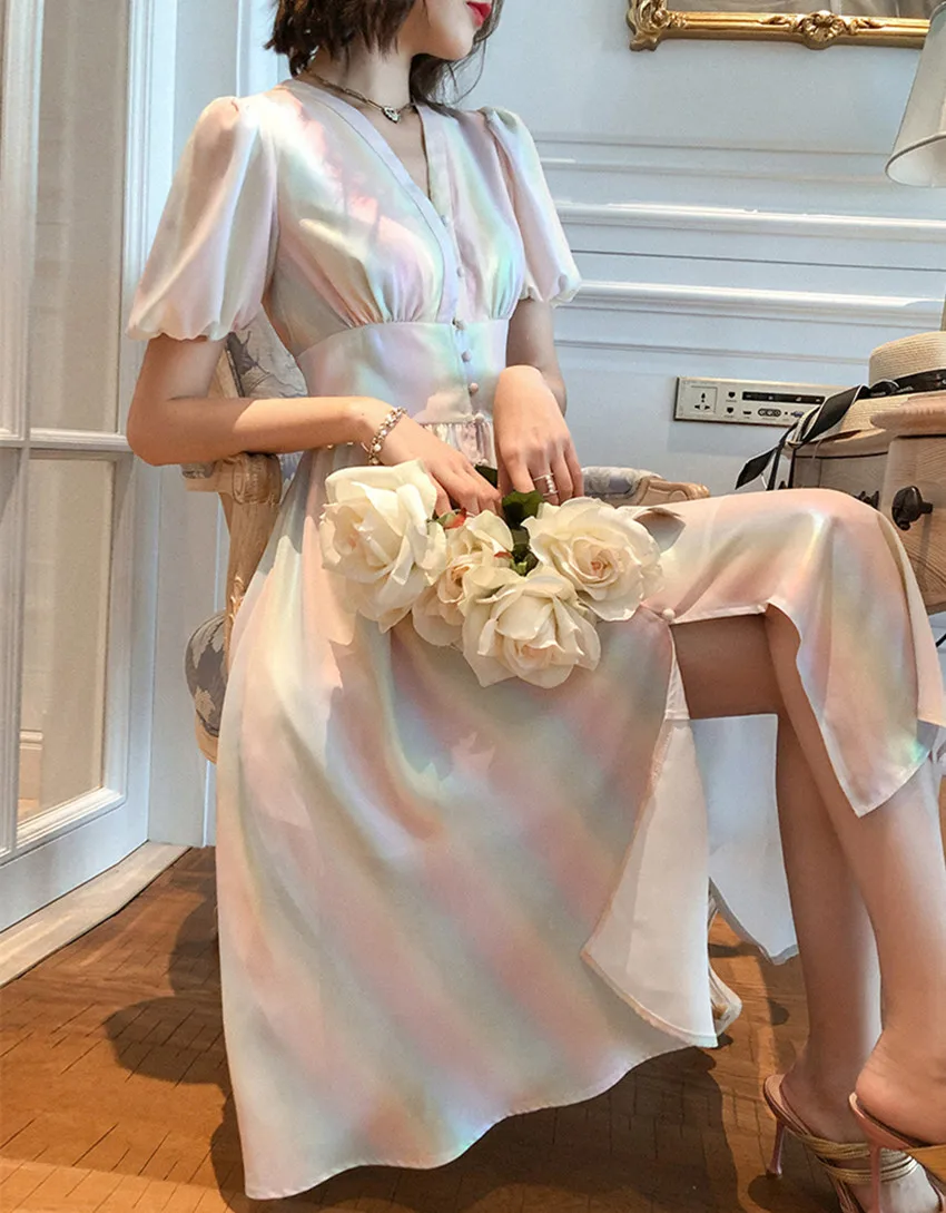 HAMALIEL дизайнерское женское вечернее платье летнее подиумное шифоновое платье градиент цвета радуги винтажное платье с рукавами-фонариками