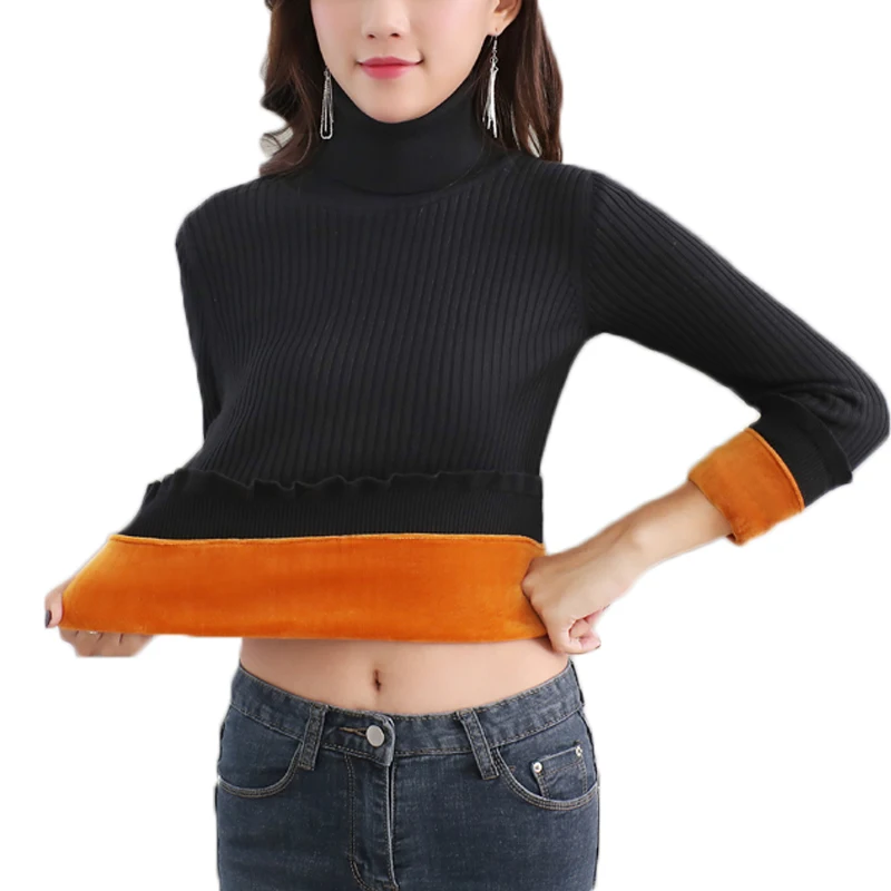 

Women New Fashion Winter Warm Knitted Pullover Sweaters with Velvet Ladies Turtleneck Crochet Sweater Female Tops High Quality