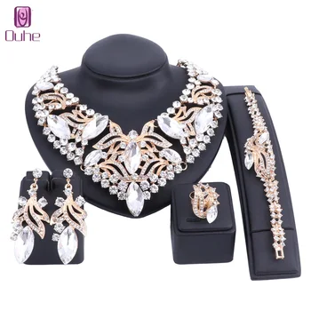

Fashion Rhinestone Crystal Choker Necklace For Woman Statement Necklaces Earring Bracelet Ring Collar Boho Jewelry Sets