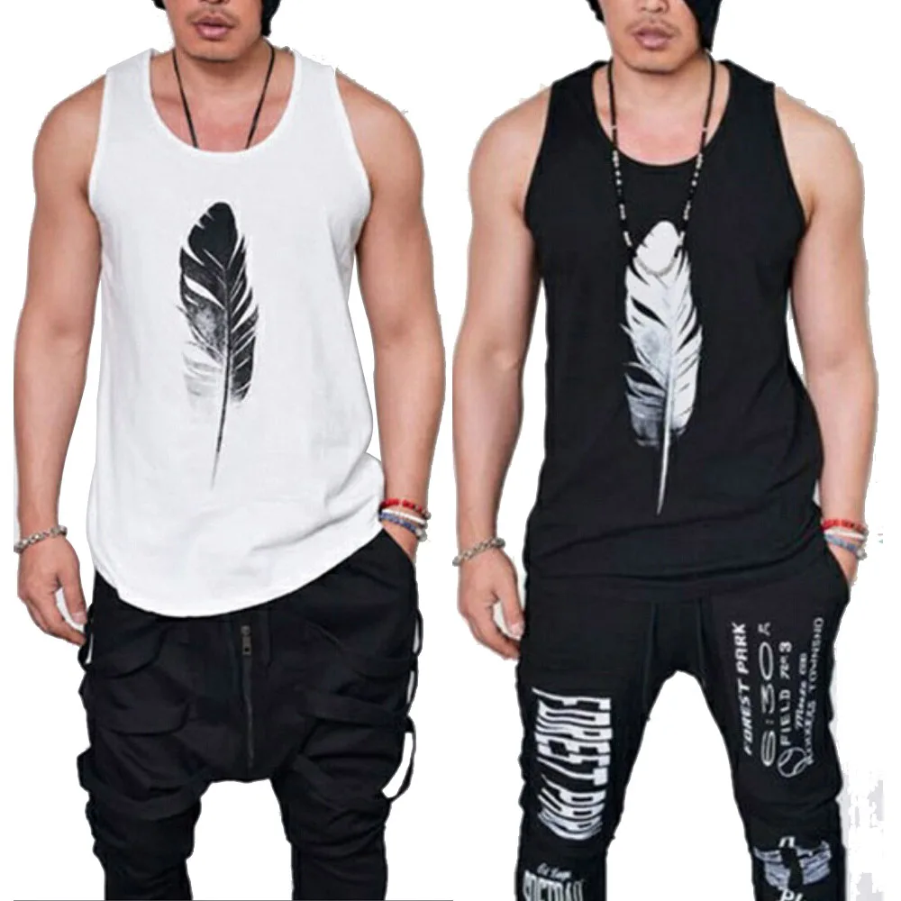Новая мода Для мужчин летняя футболка без рукавов Для мужчин 3D перо печати Прохладный Повседневный жилет Для мужчин футболка качество тренажерный зал Спортивная