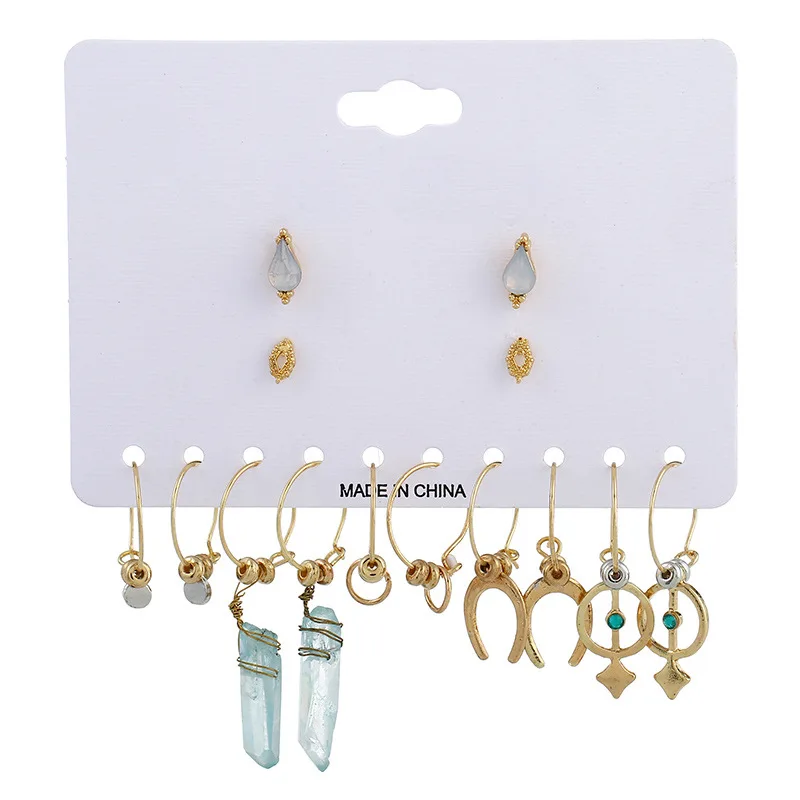 

Fashion 7Pair/Set Women Blue Quartz Stone Crystal Round Stud Earrings Sets for Women Piercing Gold Color Mixed Delicate Earrings