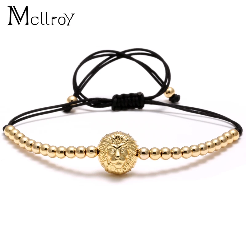 Mcllroy Silver Lion Head Leopard &Eyes Braiding Macrame Mens Bracelets with 4mm Round beads Bracelet