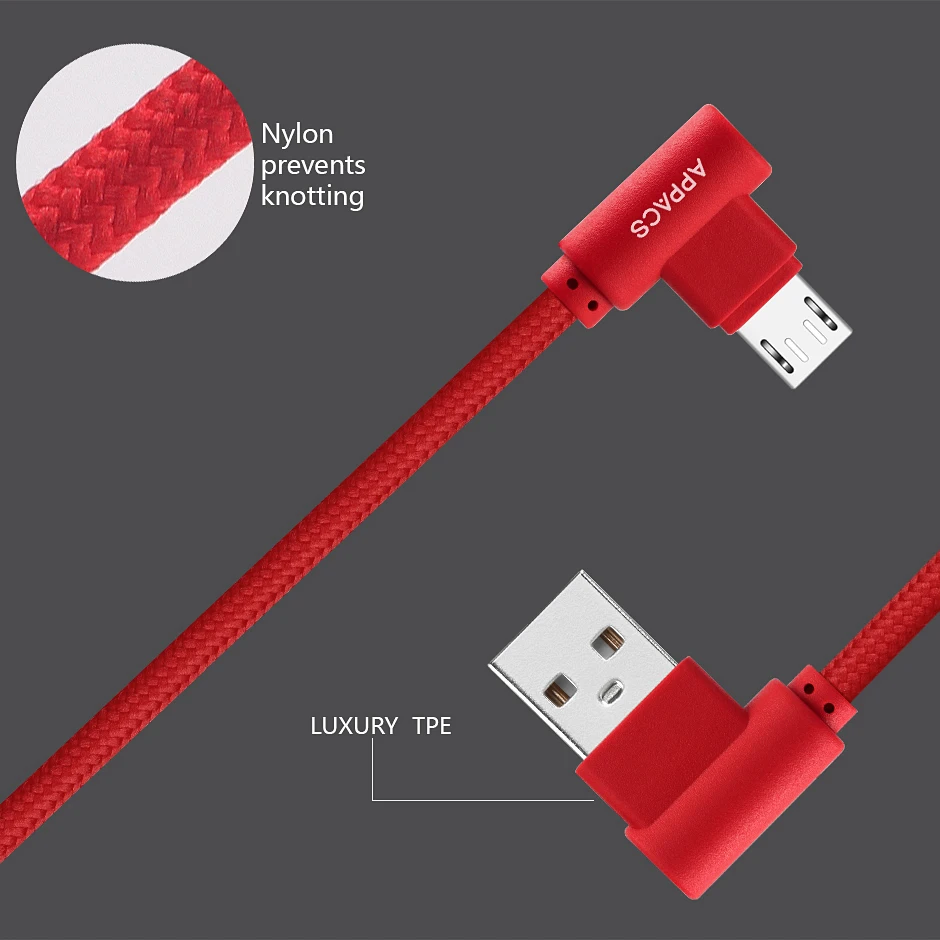 APPACS 0,25/1 м микро USB кабель Быстрая зарядка линия USB 2,0 зарядное устройство TPE USB кабель для samsung/Xiaomi/huawei Быстрая зарядка 90 градусов