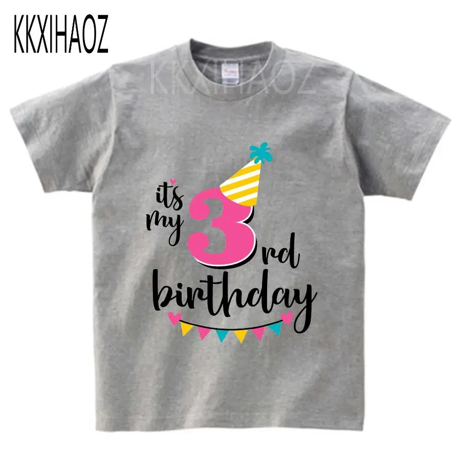 Забавные принты с надписями, футболка с надписью «Happy Birthday Number 1-3», детские летние топы с короткими рукавами, футболка для маленьких мальчиков и девочек, подарок на день рождения, NN - Цвет: gray childreT-shirt