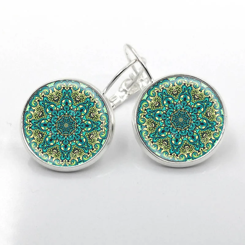 

1 Pair charm mandala earrings 16MM glass on earring silver plated om symbol buddhism zen henna yoga earring jewelry for women
