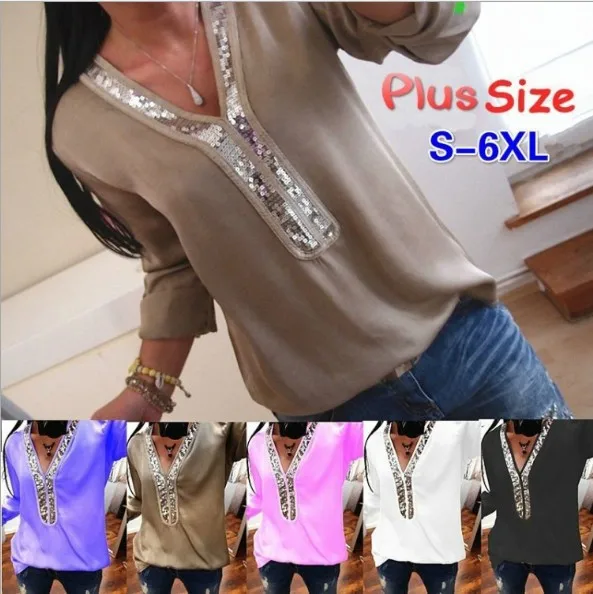 Осенняя женская футболка, Сексуальная рубашка с v-образным вырезом и длинным рукавом, расшитая блестками, Готическая Повседневная Свободная шифоновая футболка с длинным рукавом размера плюс, Топ 5XL