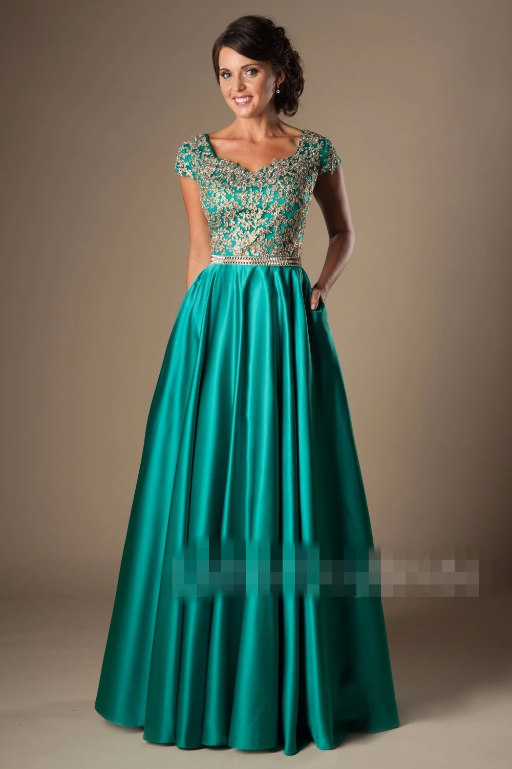 2019 Turquoise Gold Long A line Modest  Prom  Dresses  With 