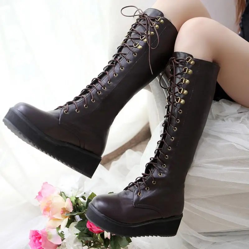 Tuyoki/Размеры 33-48; женские сапоги до колена; высокие сапоги в стиле ретро на платформе со шнуровкой и круглым носком; винтажная Женская обувь в стиле панк