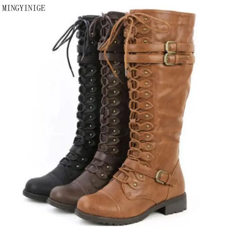 Winter Womens Knee High Leather Combat Boots Vintage Style Retro Lace Up Buckle Riding Boots -in ...