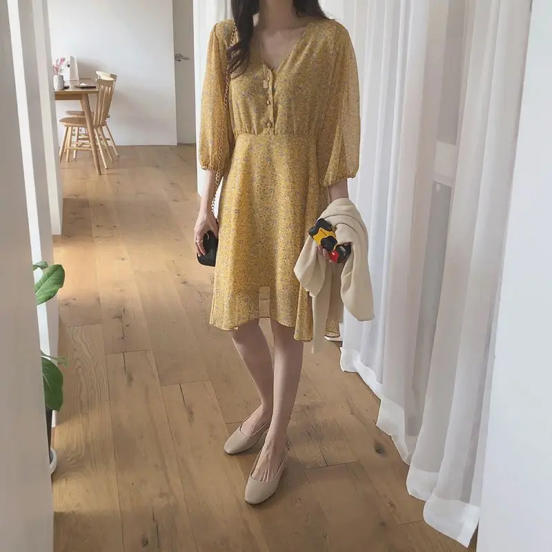Летние мини-платья женские модные корейские стильные Дизайнерские приталенные трапециевидные винтажные желтые шифоновые Винтажные Платья с цветочным принтом