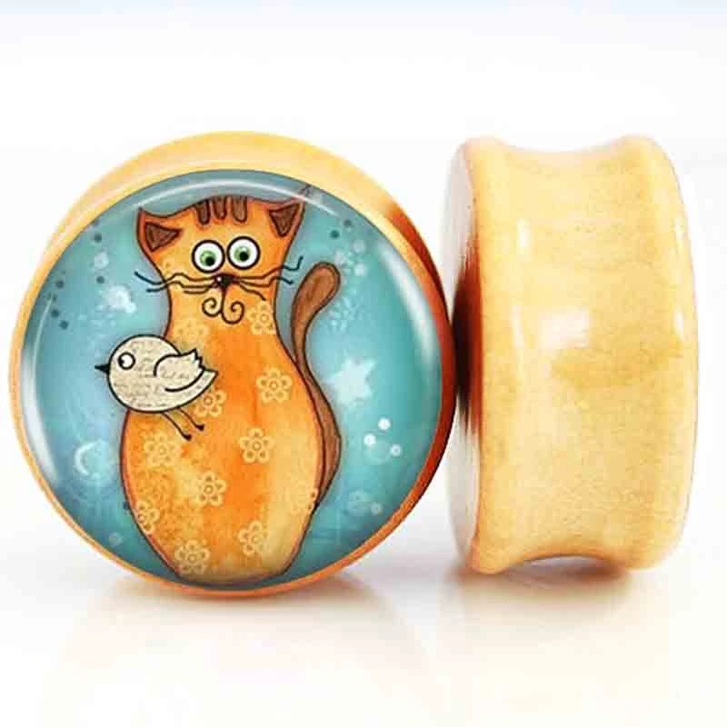 2 Pcs Lot De Bande Dessinee Orange Chat Et Oiseau Logo Bois Bouchons D Oreille Et Tunnel 6mm 25mm Oreille Civiere Expansion Selle Plug Piercing Cc7 Aliexpress