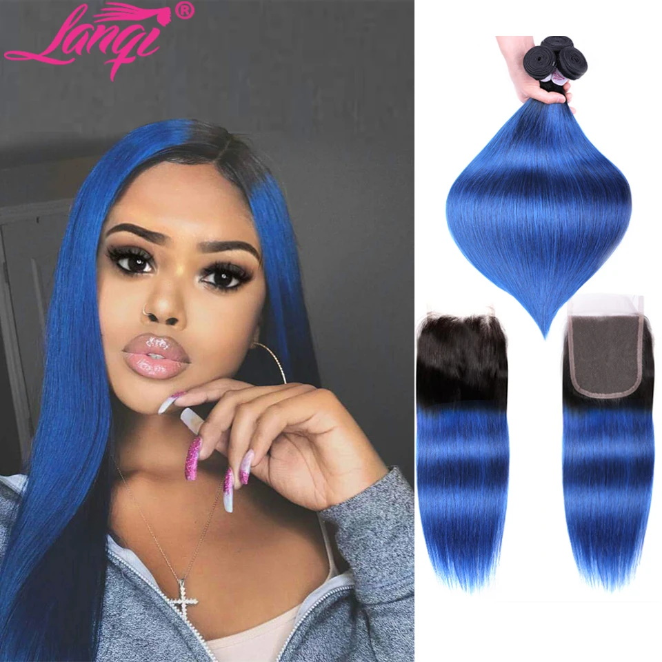 

Blue Ombre Bundles With Closure Brazilian straight hair 2 3 Bundles With Closure Colored 1B/blue Human Hair Weave with closure