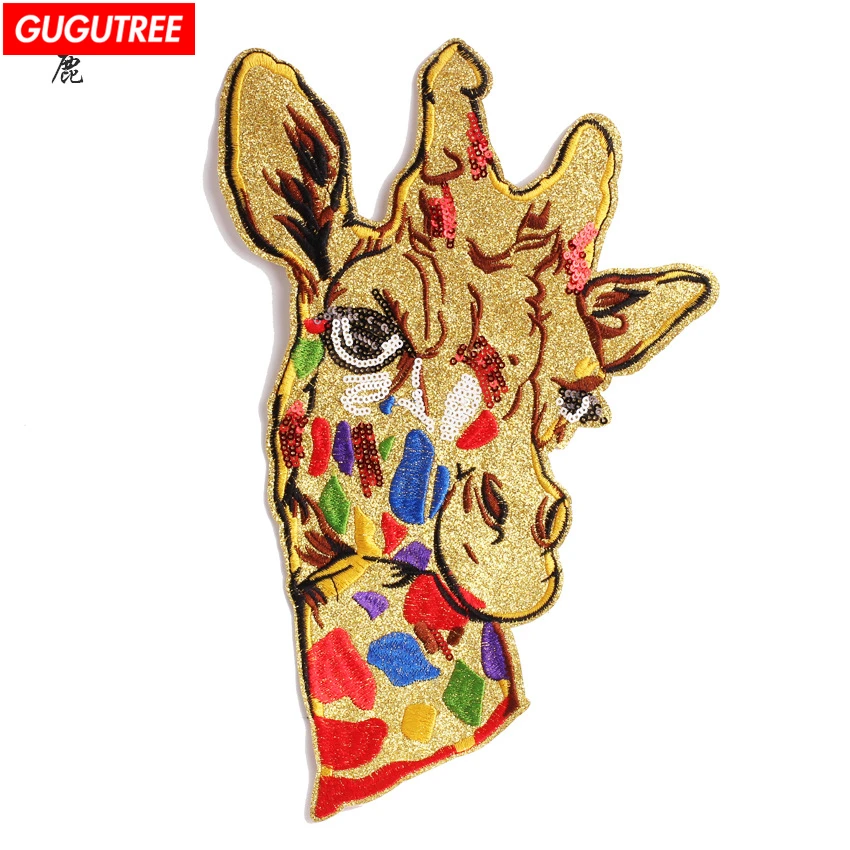 

GUGUTREE embroidery paillette big giraffe patches deer patches badge Applique Patch for Coat,T-Shirt,hat,bags,Sweater,backpack