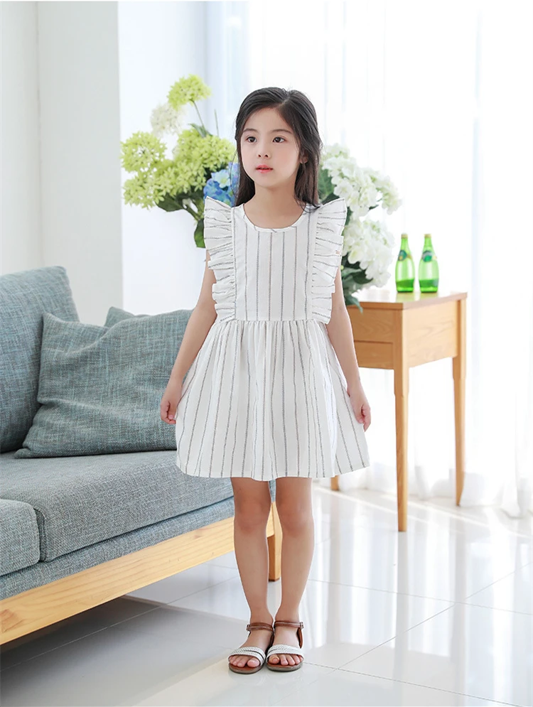 Yeediosn Summer Beach Kids Dresses For Girls Cotton Striped Girls Princess Dress Sleeveless Ruffles Children White Girl Costume (1)