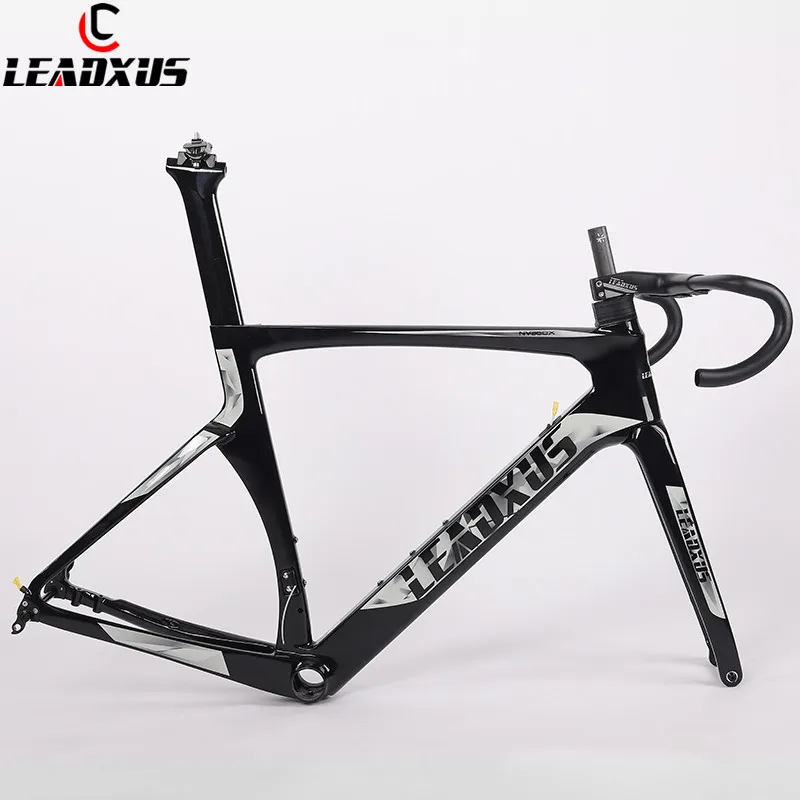 Leadxus NV360X тормозного диска Aero из углеродного волокна, шоссейный велосипед рама дороги углерода Aero рама для гоночного велосипеда и руль 45/47/49/52/54/56/58 см - Цвет: Black frame n bar
