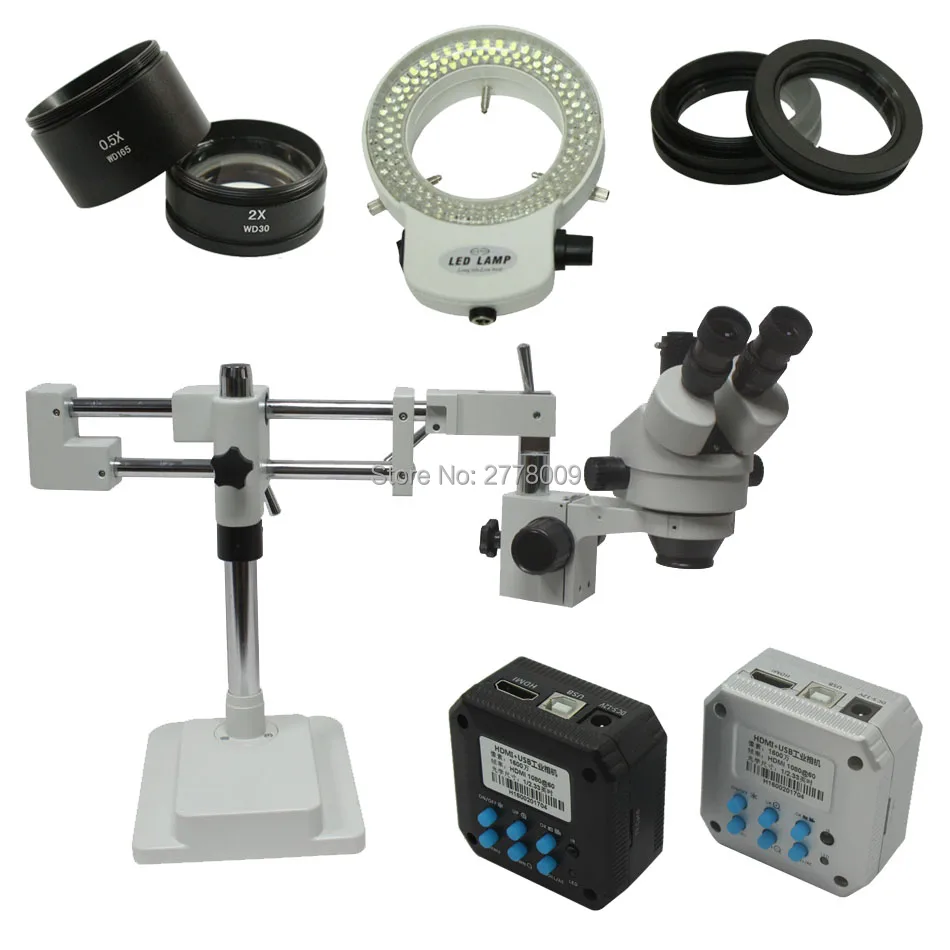 3.5X-90X Double Arm Boom Stand Trinocular Stereo Zoom Microscope With 20MP HDMI USB Camera 144 LED Lights Mobile CPU Repair