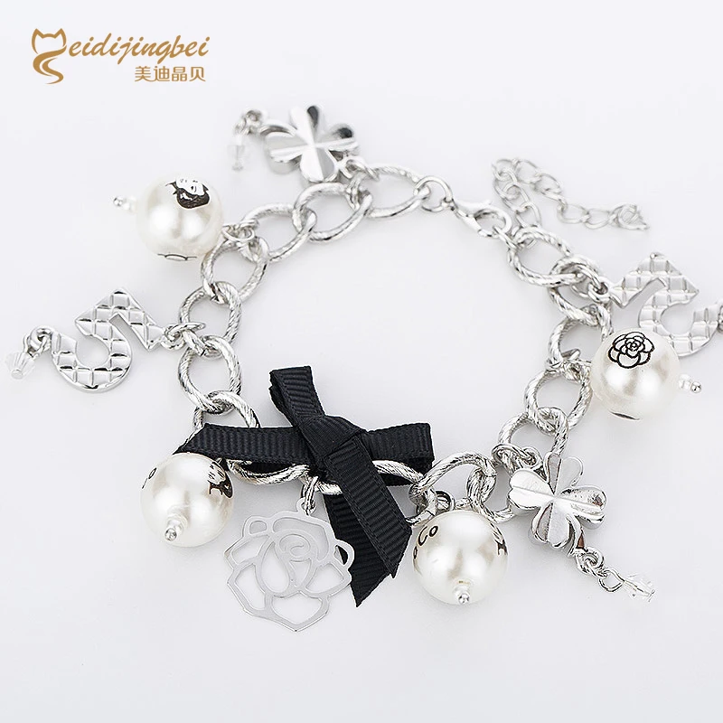 

Simulated pearls bow knot charm bracelets for women silver/gold color zinc alloy chain female bracelet pulseras mujer MDJB052