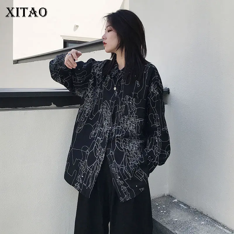 

XITAO Cardigans Minority Blouse Women Turn Down Collar White Black Print Pattern Button Single Breasted Wild Joker WBB4484