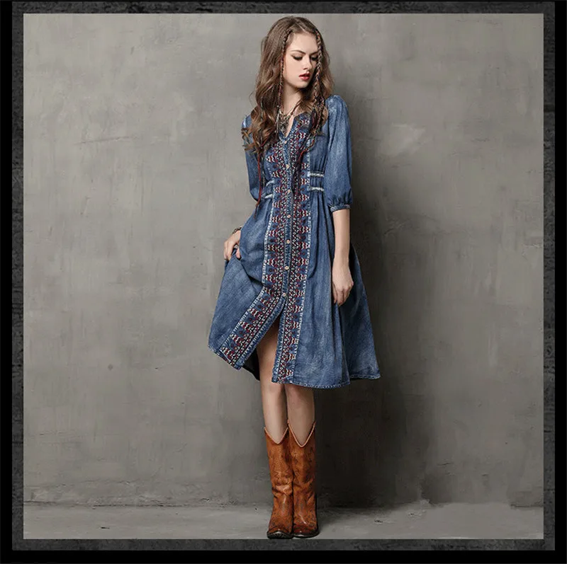Women Denim Dress 2019 Vintage 100% Cotton Dress Half Sleeve V-Neck A-Line All Match Drawstring Loose Women Dresses Vestidos (13)